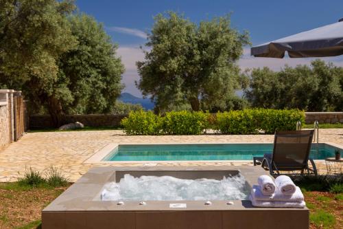 a swimming pool with a fountain in the middle at Lefkolia Retreat in Sivota