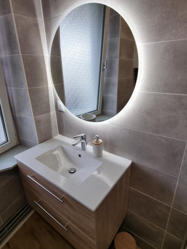 une salle de bain avec un lavabo et un miroir dans l'établissement S'Nidala, à Colmar