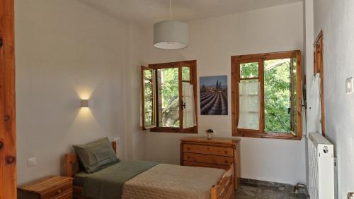 a bedroom with a bed and two windows at Holiday Home Neochori Pelion in Neochori