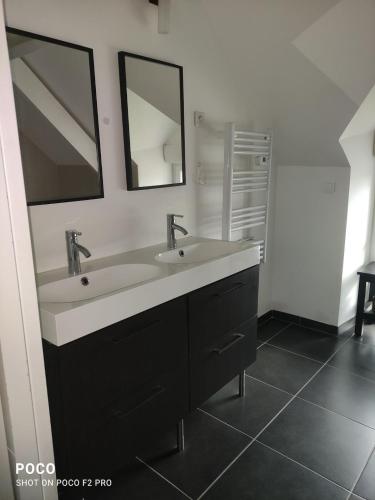 une salle de bain avec un lavabo et deux miroirs dans l'établissement Maison de campagne avec terrain clos, à La Méaugon