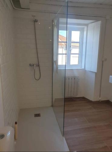 a bathroom with a glass shower with a window at Casa Castro in Lamas