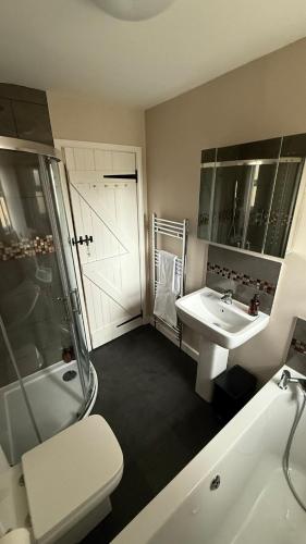 a bathroom with a toilet and a sink and a shower at Wisteria Cottage in Eyam