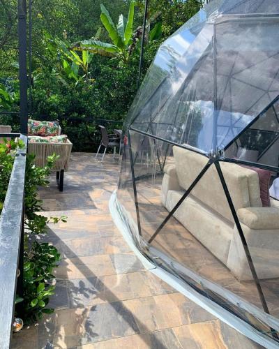 a glass house with a couch and a table at Eco Boutique-Naranjo in La Vega