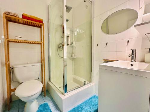 une salle de bain avec toilettes, douche et lavabo dans l'établissement L'Horizon de la cité, à Carcassonne