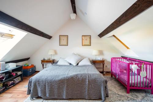 - une chambre mansardée avec un lit rose dans l'établissement Magnifique longère du Perche avec vue panoramique et piscine pour 9 personnes, à Le Gué-de-la-Chaîne