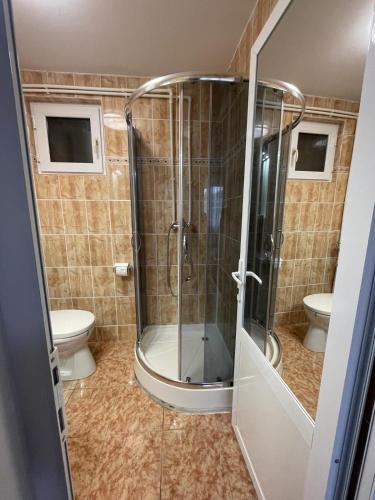 a bathroom with a shower and two toilets at LaNoi LaVoi in Mangalia