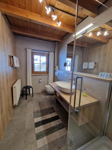 a bathroom with a sink and a toilet at Hubertus Lodge in Ibach