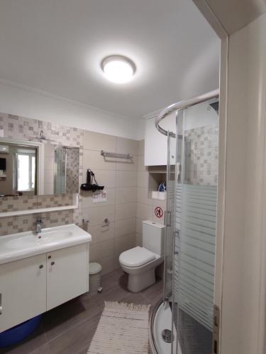 a bathroom with a toilet and a sink and a shower at Corfu Old Town Gregory in Corfu Town