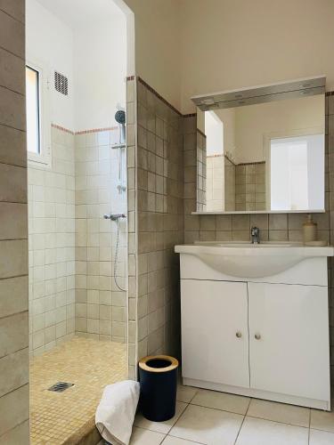 a bathroom with a sink and a shower with a mirror at Fiori di Luna in Porto-Vecchio