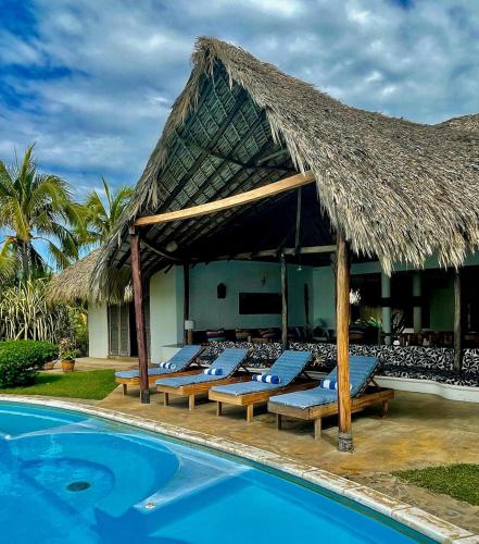 a resort with a bunch of lounge chairs and a pool at Villa Lumina - Beachfront Escape Private Pool, Spacious & Serene in Paso Hondo