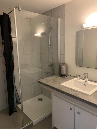une salle de bain avec douche et lavabo dans l'établissement Mini Villa Santa Giulia à 120m de la plage, à Porto-Vecchio