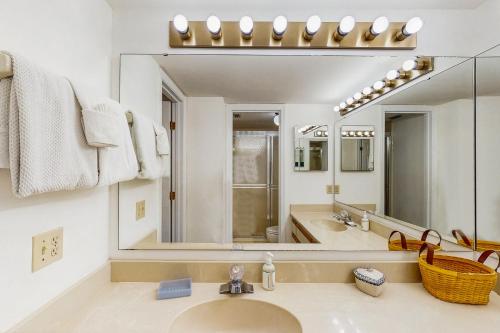 a bathroom with a sink and a large mirror at Sea Wood Coastal Hide Away in Edgewater