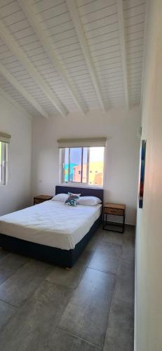 a bedroom with a bed and a large window at Punta Azul in Westpunt