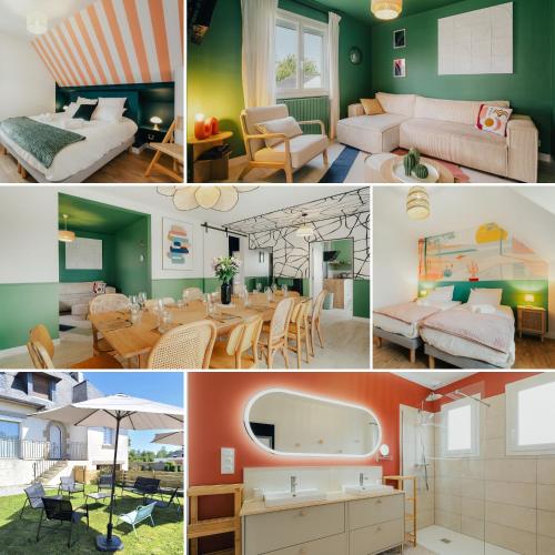 un collage de photos d'une chambre d'hôtel dans l'établissement Maison 12 personnes, grand jardin, proche plages, animaux acceptés par Maison ELANORE, à Pleurtuit