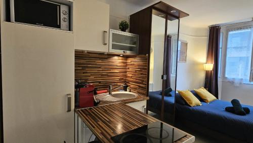 - un petit salon avec un lavabo et un canapé dans l'établissement Studio très joli rénové quartier Notre-Dame Jardin des Plantes Panthéon près de la Seine, à Paris