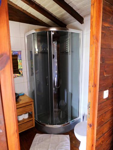 a glass shower in a bathroom with a sink at karureve in Deshaies