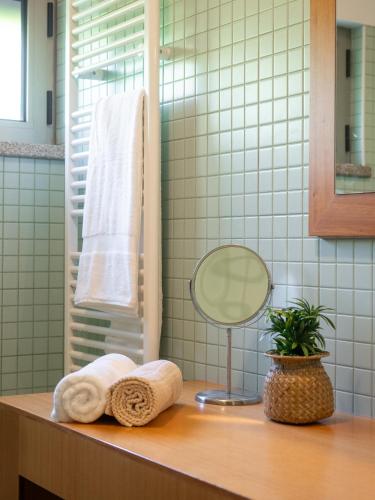 a bathroom with towels and a mirror on a counter at Tapada do Sobral in Vilar de Ferreiros