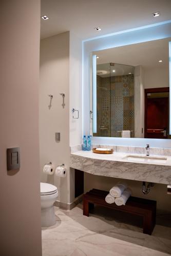a bathroom with a sink and a toilet and a mirror at Vallarta Live Hotel in Puerto Vallarta
