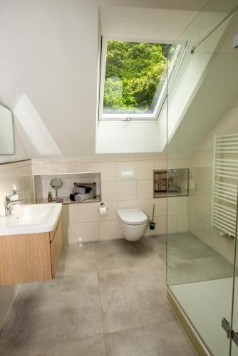 a bathroom with a sink toilet and a window at Ferienhaus am Bellachini in Sankt Martin