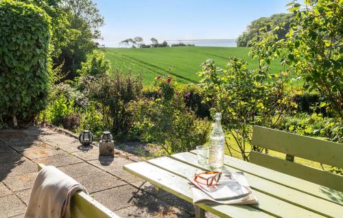 オーベンローにあるLovely Home In Aabenraa With Wifiのボトルが置かれた木製のピクニックテーブル