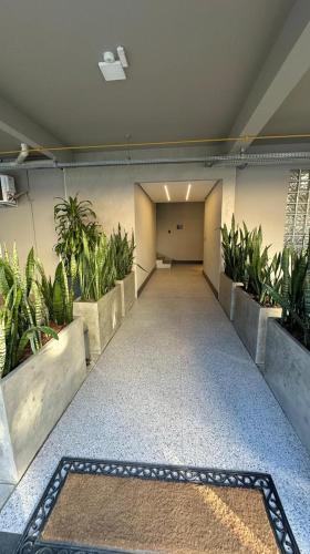 an empty hallway with plants in a building at Cidade das bicicletas in Joinville