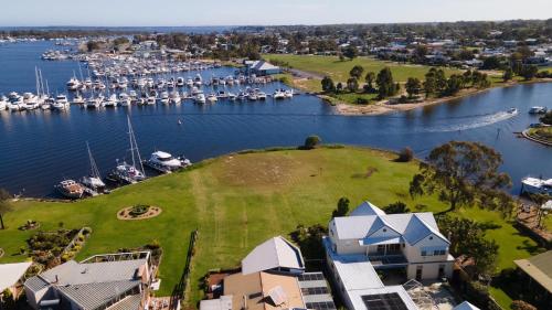 an aerial view of a marina with boats at Dun Ri in Paynesville