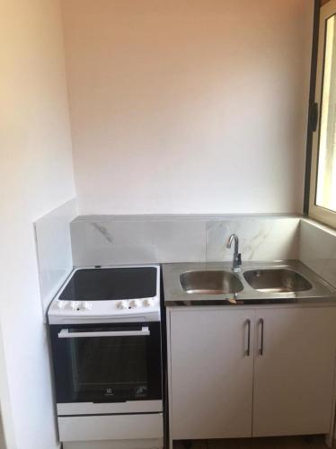 a small kitchen with a stove and a sink at Cozy Riverside Apartment in Këlcyrë