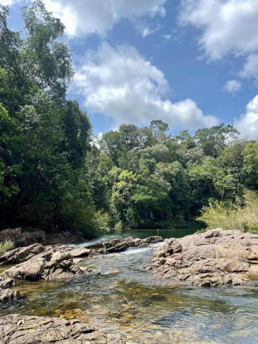 a river with rocks and trees in the background at Wild hikes River Escapes & Nature Views with Meals in Badureliya
