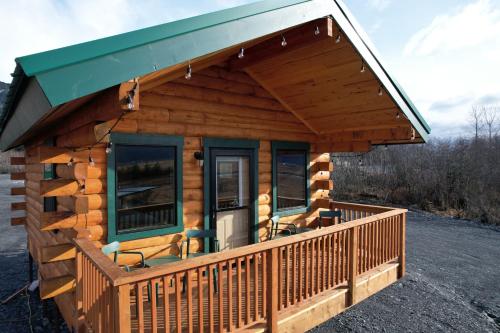 a log cabin with a porch and a green awning at Sockeye Cabin in Seward