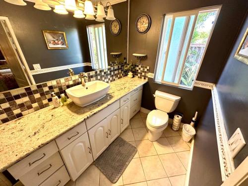 a bathroom with a sink and a toilet and a mirror at Relax at 4Bedrooms retreat nearby Apple in Santa Clara