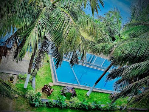 a view of a swimming pool between two palm trees at Nilaveli Hybrid Holiday Hotel in Nilaveli
