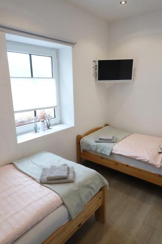 two beds in a room with a window and a tv at Gut Kuhfs in Großzössen