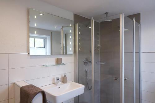 a bathroom with a sink and a shower at Gut Kuhfs in Großzössen