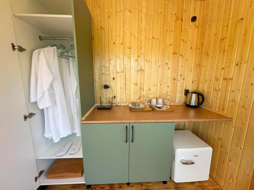 a bathroom with a wooden wall with a counter top at Eco House Merisi in Merisi