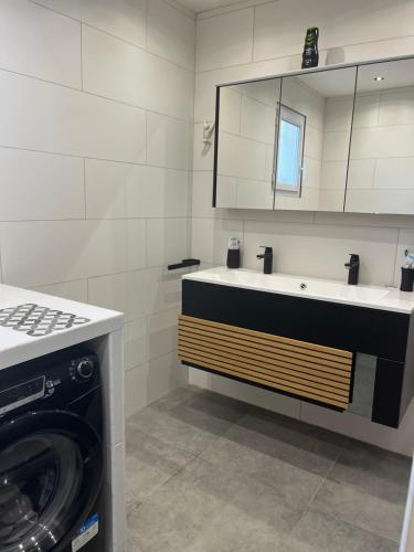 une salle de bain avec un lavabo et une machine à laver dans l'établissement Entre mer et montagne, à Garéoult