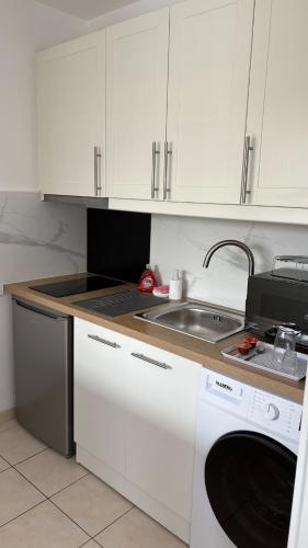 une cuisine avec un évier et un lave-vaisselle dans l'établissement Le Studio Marquis, Évry-Courcouronnes