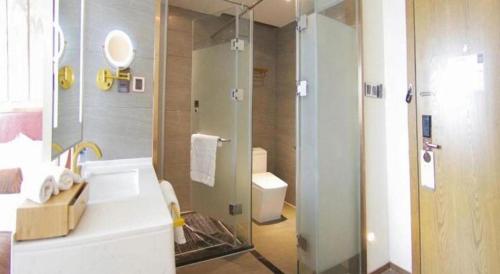 a bathroom with a shower and a sink and a toilet at James Joyce Coffetel Beijing Yizhuang Rongjing East Street Subway Station in Beijing