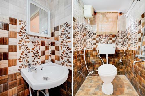 two pictures of a bathroom with a toilet and a sink at Super Hotel O Ramachandrapuram formerly known Nataraja Boarding & Lodging in Bengaluru