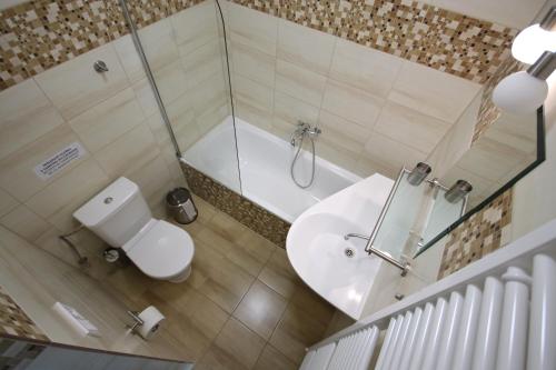 a bathroom with a toilet and a sink and a shower at Penzión Aurora Patince in Patince