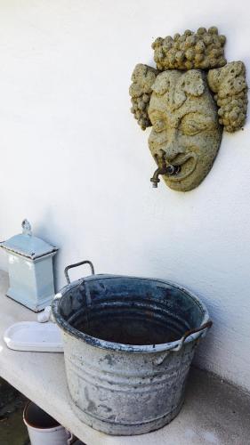 a metal bucket on a wall with a sculpture of a lion at Palazzo Cacace Relais in Meta