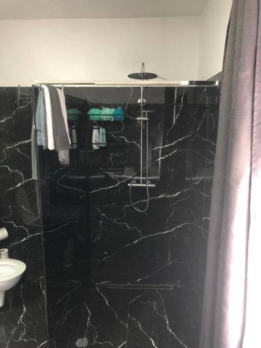 a black bathroom with a shower and a sink at Beautiful 4-Bed House in the Weinviertel in Hollabrunn