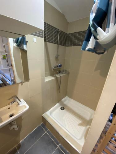 une petite salle de bain avec un lavabo et une douche dans l'établissement Nice studio with rooftop view, Historic Center, à Montpellier