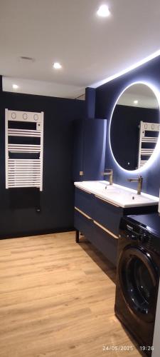 une salle de bain avec un lavabo et une machine à laver dans l'établissement Le Cosy,Cabourg, à Cabourg