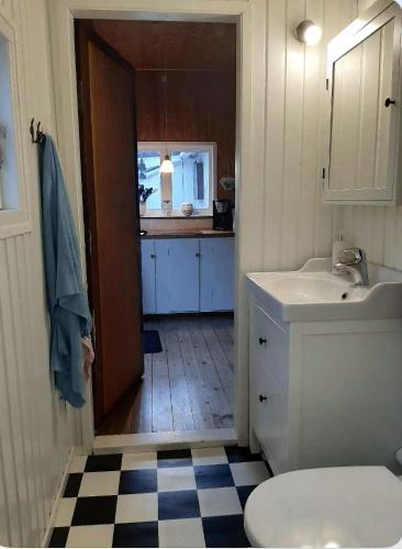 a bathroom with a sink and a toilet at A Cozy Older Summerhouse On A Small Island in Orø