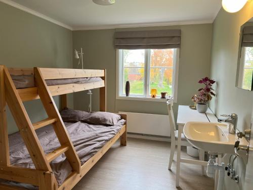 a bedroom with a bunk bed and a sink at Mjölby Vandrarhem in Mjölby
