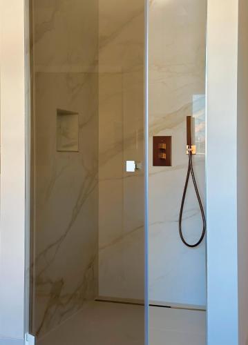 a shower with a glass door in a bathroom at Michou Apartment in Grafenhausen