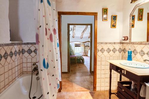 ein Badezimmer mit Badewanne und Duschvorhang in der Unterkunft Cortijo Rural Majolero 1 in Castillo de Locubín