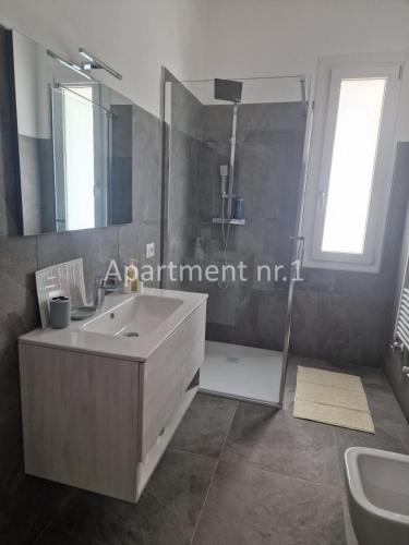 a bathroom with a sink and a shower at Il Giardino di Lilly in Porlezza