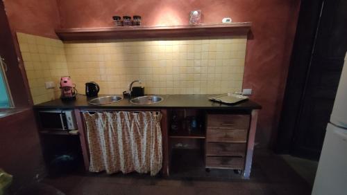 a small bathroom with two sinks and a microwave at Agriturismo Boccadifuoco in Motta Camastra