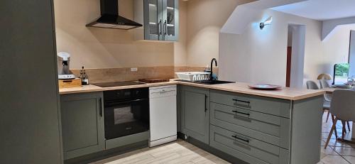 a kitchen with green cabinets and a counter top at Les oiseaux du lac in Prémilhat